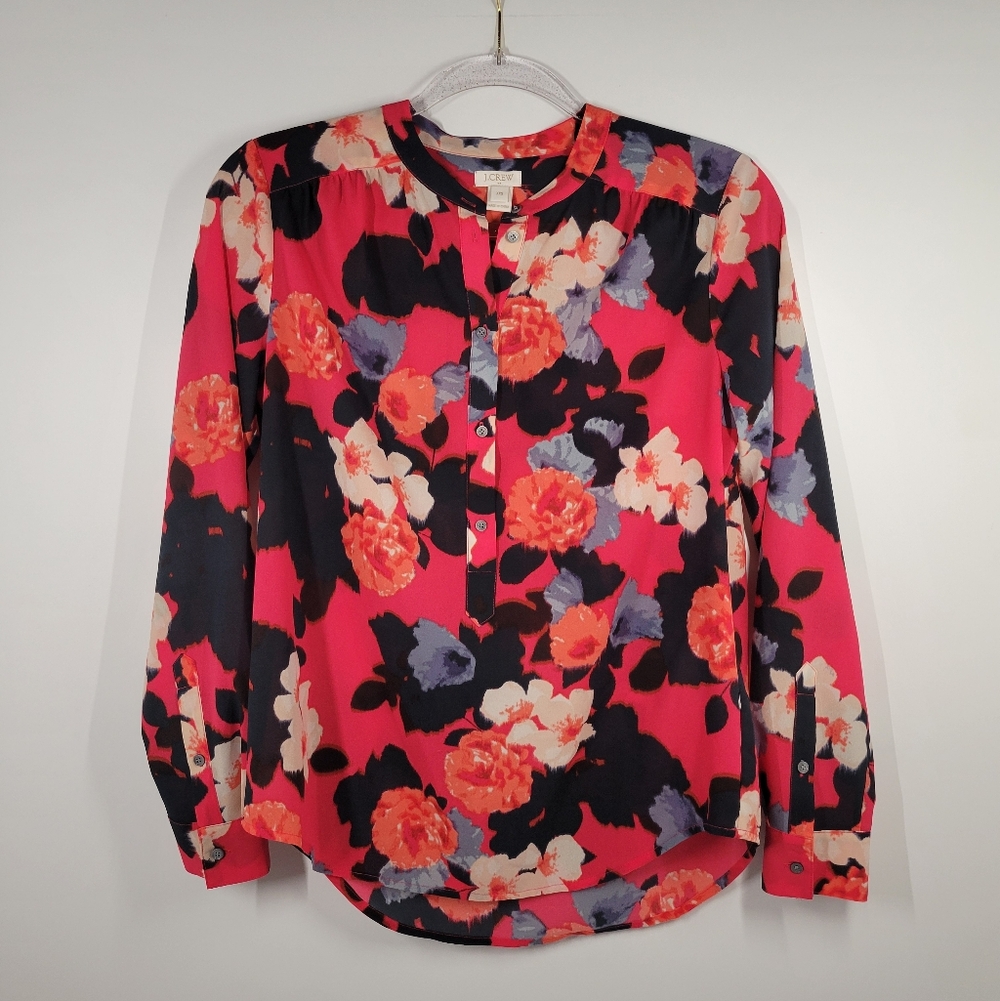 J Crew Pink Floral Lightweight 1/2 Button Long Sleeve Blouse Top Women Size XXS